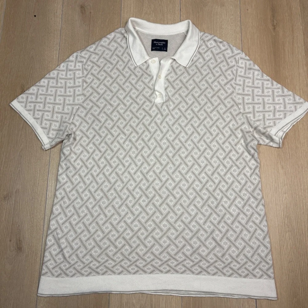 Abercrombie & Fitch Mens Large Geometric Knit Sweater Polo Shirt Cream Tan L